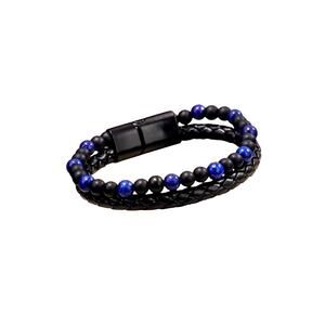 Unisex Double Layer Beaded Faux Braided Leather Bracelet Lapis Lazuli